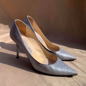 RARE Jimmy Choo Abel 85 Steel Grey/Blue Python-Effect Leather Heeled Pumps Sz 37